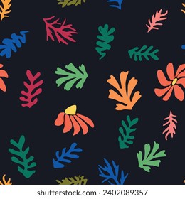 Matisse floral seamless pattern, crooked leaves and flowers. Contemporary botanic background, modern print floral element, organic shapes