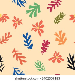 Matisse floral seamless pattern, crooked leaves and flowers. Contemporary botanic background, modern print floral element, organic shapes