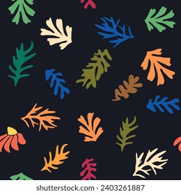 Matisse floral seamless pattern, crooked leaves and flowers. Contemporary botanic background, modern print floral element, organic shapes