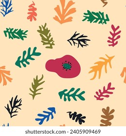 Matisse floral seamless pattern, crooked leaves and flowers. Contemporary botanic background, modern print floral element, organic shapes