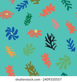 Matisse floral seamless pattern, crooked leaves and flowers. Contemporary botanic background, modern print floral element, organic shapes