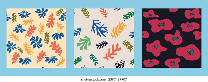 Matisse floral seamless pattern, Modern trendy Matisse flower minimal style. Set of 3 Matisse inspired wall art
