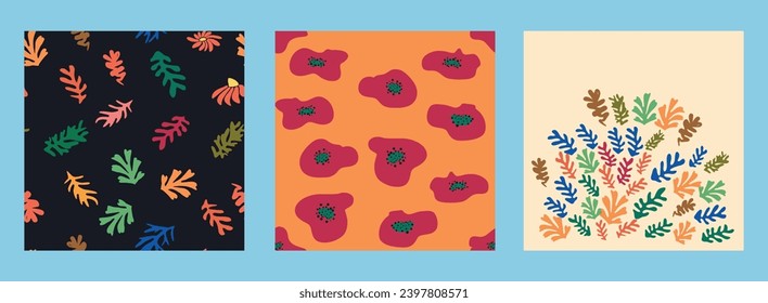Matisse floral seamless pattern, Modern trendy Matisse flower minimal style. Set of 3 Matisse inspired wall art