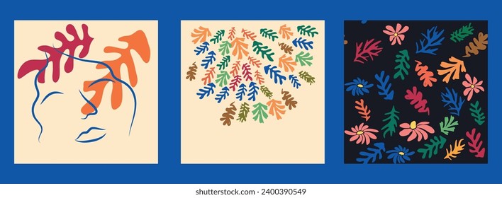 Matisse floral seamless pattern, Modern trendy Matisse flower minimal style. Set of 3 Matisse inspired wall art