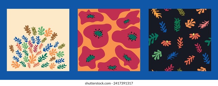 Matisse floral seamless pattern, Modern trendy Matisse flower minimal style. Set of 3 Matisse inspired wall art