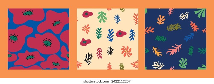 Matisse floral seamless pattern, Modern trendy Matisse flower minimal style. Set of 3 Matisse inspired wall art