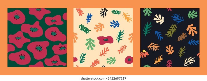 Die matisse Blumenmuster, die nahtlose Blumenmuster, die moderne Modern Matisse Blume minimaler Stil. Set mit 3 von Matisse inspirierten Tapeten