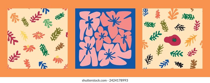 Matisse floral seamless pattern, Modern trendy Matisse flower minimal style. Set of 3 Matisse inspired wall art