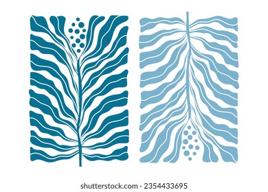 Matisse flower poster. Fluid floral leaves, blue flowing branch with mirrored reflection, wavy lines, elegant curves. Rectangular frame, berries, leaf, delicate veins. Vector simple flat illustration
