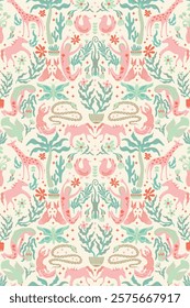 Matisse funky seamless pattern with organic shapes and a bohemian style, with women, trees, snakes, giraffes, birds, animals in pinks and greens soft pastels, for easter, spring decor, wrapping paper