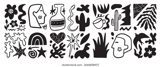 Conjunto de doodle geométrico Matisse Formas orgánicas. Abstractas arte floral naive. Elementos botánicos estética boho. Ilustración vectorial