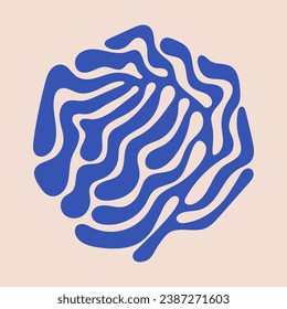 Matisse Henri style plant. Botanic vector illustration in blue color. Stylized flower in the modern style. Abstract flora in circle composition. Corals