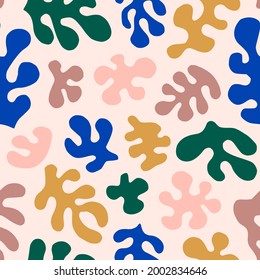 Matisse Inspired Abstract Art Seamless Pattern with Organic Shapes in a Trendy Contemporary Style. Vector Collage Background in Pink Color from Botanical elements made of Cut Paper