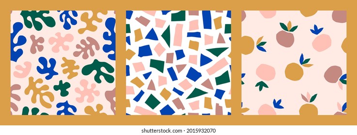 Matisse Inspired Abstract Art Seamless Pattern Set with Organic Shapes, Peach in a minimal style. Vector Collage Background of female body, botanical elements and Geometric figure made of cut paper