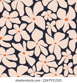 Matisse inspired abstract contemporary flowers seamless pattern. Modern daisy flowers on dark navy blue repeat background. Vector floral Henri Matisse illustration. Trendy galley art botanica.