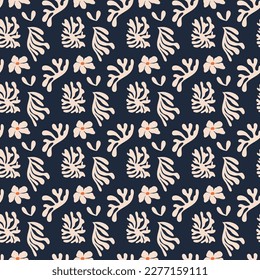 Matisse inspired abstract contemporary flowers seamless pattern. Modern botanical leaves on dark navy blue repeat background. Vector floral Henri Matisse illustration. Trendy galley art botanica.