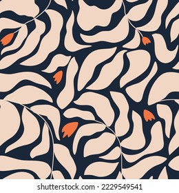 Matisse inspired abstract contemporary leaves shape seamless pattern hand drawn on dark navy blue background. Vector floral Henri Matisse style illustration for textile design, fabric wallpaper print