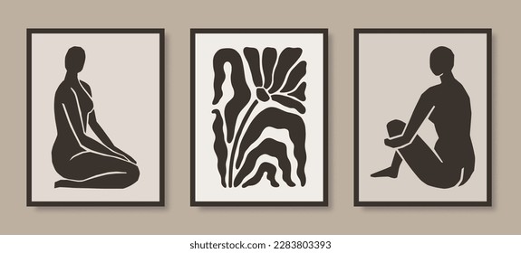 Matisse Inspired Abstract Posters Set with Women's Figure in Different Poses and Flower in Trendy Minimalist Style. Vector Collage Posters of Female Body and Botanical Elements Cut Paper.