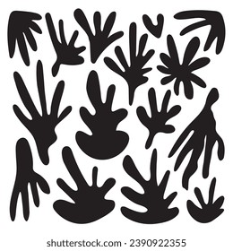 Los blobs de formas abstractas inspirados en Matisse. Siluetas modernas, hojas de doodle de planta floral a mano libre. Colección simple de ilustraciones vectoriales aislada en fondo blanco