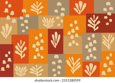 Matisse inspired art. Groovy abstract leaf n lily of valley flower. Floral doodle shapes in trendy naive retro hippie style. Botanic vector illustration in red,orange,beige and gray color.