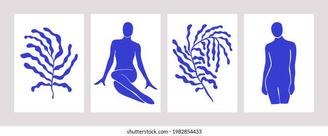 Matisse inspired art print set. Mid century contemporary posters female silhouettes and leaves. Vector backgrounds