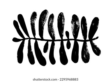 Matisse inspired branch with round leaves. Hand drawn organic naive style plant isolated on white background. Trendy contemporary natural element in rectangle shape. Vector black ink illustration.