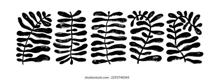 Ramas dibujadas con hojas inspiradas en matisse. Ramas vectoriales dibujadas a mano en forma de rectángulo. Planta geométrica orgánica. Resumen Matisse las plantas orgánicas con hojas. Estilo ingenuo.