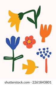 Afiche floral colorido inspirado en Matisse. Ilustración estilizada de flores planas dibujada a mano en colores brillantes. 