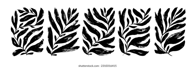 Matisse inspired contemporary plant shapes. Brush drawn branches with long leaves and curved stems. Modern trendy Matisse minimal style. Hand drawn abstract vector palm leaf in rectangle shapes.