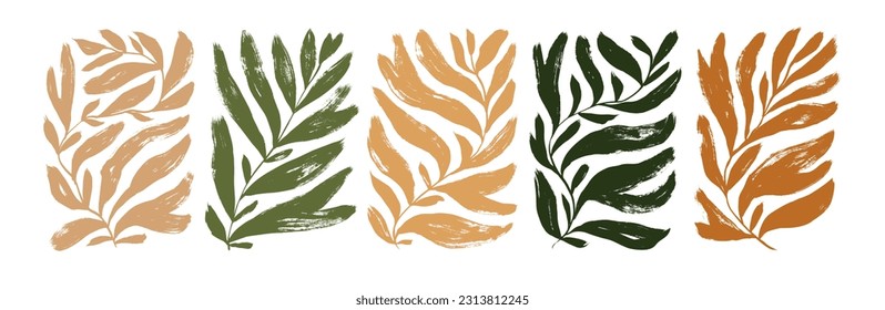 Matisse inspired contemporary plant shapes in neutral colors. Brush drawn branches with long leaves and curved stems. Modern Matisse style. Hand drawn abstract vector palm leaf in rectangle shapes.