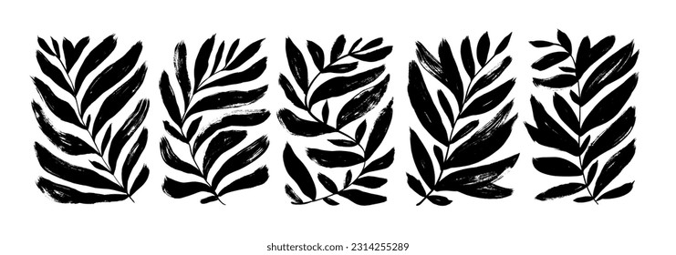 Las formas de las plantas contemporáneas inspiradas en Matisse. Cepillar ramas dibujadas con hojas largas y tallos curvos. Moderna moda Matisse minimalista. Hojas abstractas de palma vectorial dibujadas a mano en formas rectangulares.