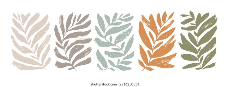 Matisse inspiró en plantas contemporáneas de colores neutros. Cepillar ramas dibujadas con hojas largas y tallos curvos. El estilo moderno de Matisse. Hojas abstractas de palma vectorial dibujadas a mano en formas rectangulares.