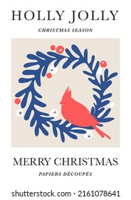 Matisse inspired cutout shape waxwing winter bird on xmas pine tree wreath vector illustration. Holly Jolly Christmas season Merry Christmas greeting postcard for holiday gift ideas.