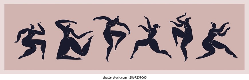 Matisse inspired Dancing women isolated. Set of cut out black female silhouettes. Abstract curvy women cut from paper. Vector illustration inspired by Matisse.