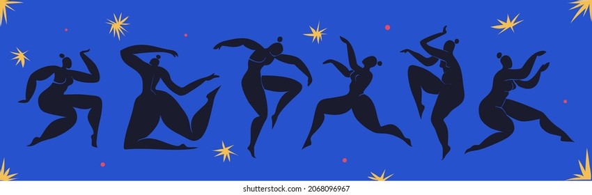 Matisse inspired Dancing Women. Set of cut out female silhouettes on a blue background with stars. Black cut out abstract curvy women. Vector illustration inspired by Matisse.