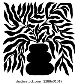 Matisse inspired element vase. Vector Matisse curves aesthetic poster. Black floral abstract leaves. Contemporary botanical minimal art print, hand drawn plant shape illustration. Modern wall art.