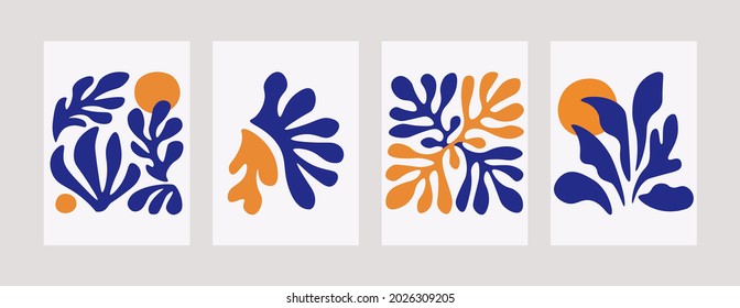 Matisse inspired floral art print set. Mid century contemporary posters organic shapes and leaves. Abstract vector backgrounds