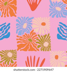 Matisse Inspired Floral Seamless Pattern. Groovy funky flowers in trendy retro hippie 60s 70s style. Summer natural fashion print. Vector repeating background in pink, blue, orange, green colors