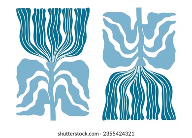 Matisse inspired flower. Blue poster. Retro medieval style with reflected image. Curvy petals, intricate veins, wavy lines, delicate doodle and Art Deco elements. Vector flat trendy illustration 