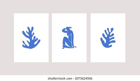 Matisse inspired modern posters with abstract woman figure and branches or corals on white background. Set of contemporary wall art. Colored flat vector illustrations of vertical artworks.