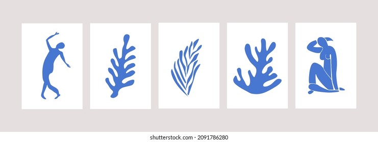 Matisse inspired modern posters with abstract woman figures and algae or corals on white background. Set of contemporary mid century wall art. Colored flat vector illustrations of vertical artworks.