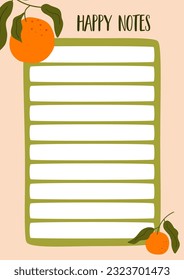 Matisse inspired orange fruit decorated to do list template. Daily planner, weekly planner, note paper with tropical summer fruit, leaves. Contemporary vector illustration. Printable daily planner.