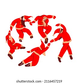 Matisse inspired santas dancing.  Santa Clauses in free movement poses. Flat vector illustration isolated on dark background perfect for print design, card, poster