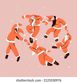 Matisse inspired santas dancing. Santa Clauses in free movement poses. Flat vector illustration isolated on dark background perfect for print design, card, poster