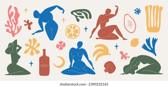 Matisse inspired wall art with female figure and organic shapes or plants. Woman body and botanical elements, leaf, algae, vase, coral and exotic fruits abstract nature symbols on white background.