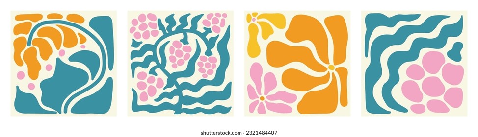 Matisse Naive Poster Set. Abstract Groovy Flowers in Hippie 1970 style. Floral Vector Illustration in Pink, Green and Orange Colors. Backgrounds for T-Shirts, Wallpaper, Case Phone.