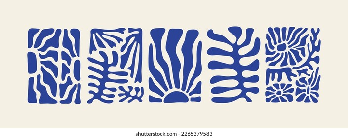 Matisse formas de doodle orgánicas. Resumen de flor y hojas conjunto de arte. Un estilo minimalista a la moda. Afiches y antecedentes contemporáneos. Ilustración del vector floral botánico en color azul.