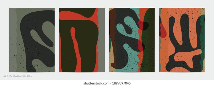 Matisse organic grange textured shapes. Abstract contemporary flyer template with natural floral motif. Minimal mid century art background. Artistic botanical elements on flat earthy colors.