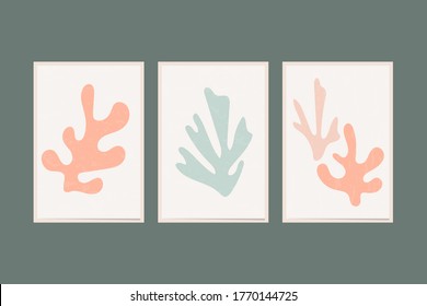 Matisse organic scandi poster. Tropical abstract pastel hipster style collage. Doodle algae leaf. Botanical scandinavian set poster. Matisse palm leaf grunge background vector.