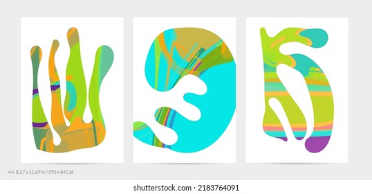 Matisse organic shapes. Abstract  flyer template with natural floral motif. Minimal modern mid century background. Artistic botanical elements with bright acrylic paint texture. Collage paper cut art